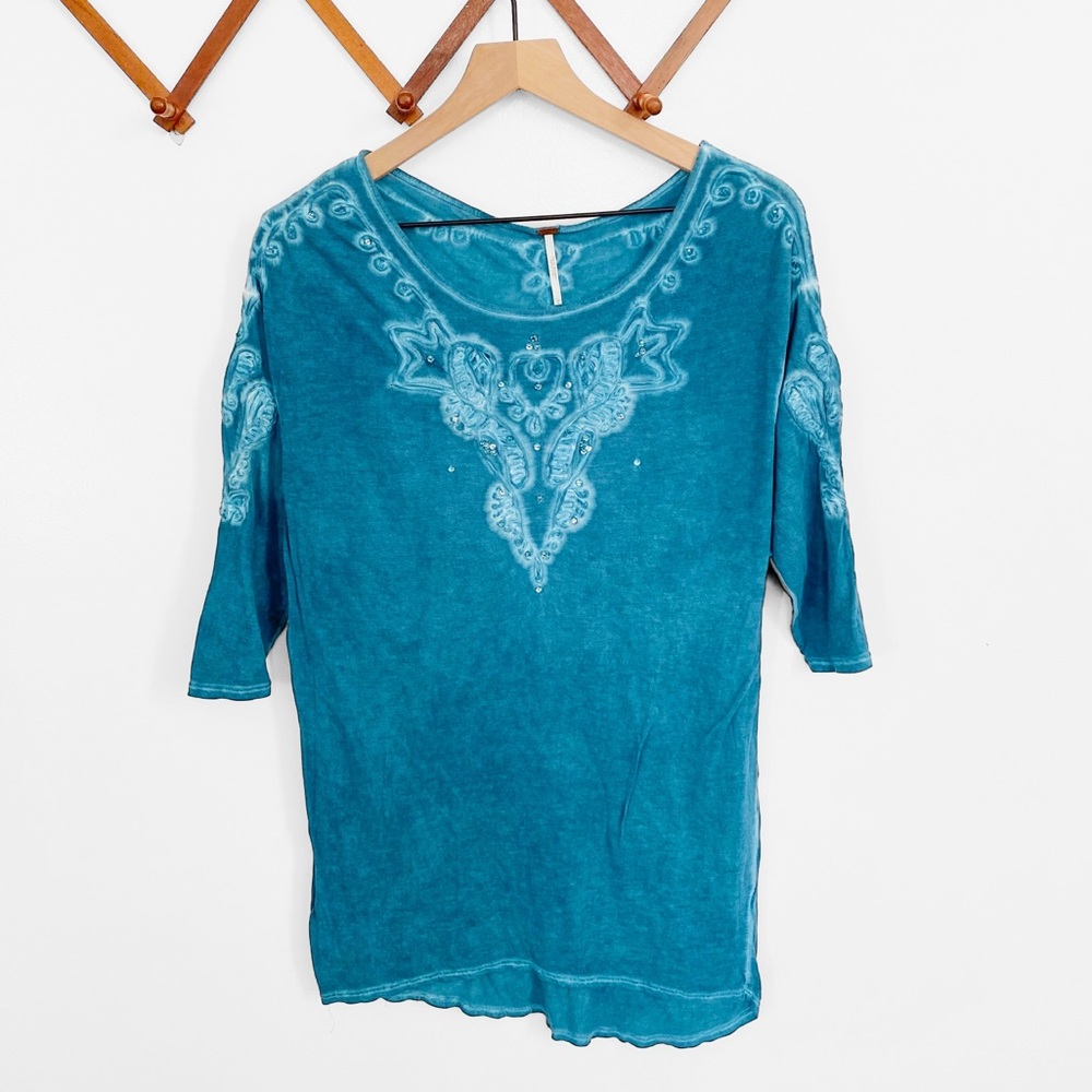 Free People Teal Bead Embellished French Twist Scoop Neck Top Large